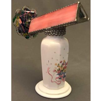 P46 White Ceramic Flower Basket - Variegated Pink Glass