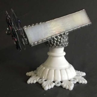 P122 Milk Glass Filigree Base - Pearl White Iridized Glass