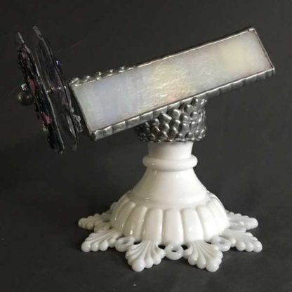 P122 Milk Glass Filigree Base - Pearl White Iridized Glass